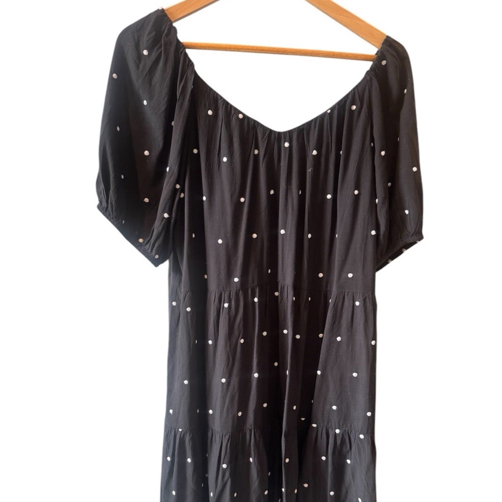 Loft‎ Women’s M Black White Embroidered Dot Short Sleeve Peasant Lined Dress